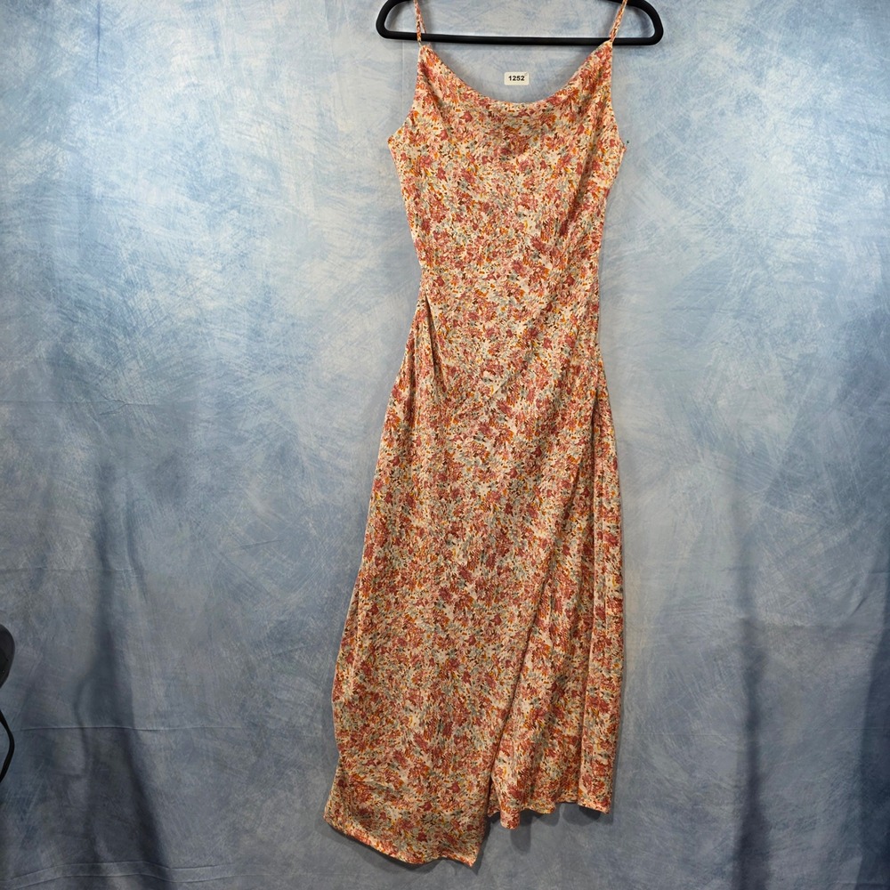 Dex Floral Cowl Neck Midi Slip Dress Pink Orange Small Asymmetrical Hem‎